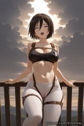 1girls 2025 against_railing ahe_gao ai_generated ass_visible_through_thighs attack_on_titan belt black_hair black_sports_bra breasts cameltoe cleavage cloud cloudy_sky collarbone eroflow genitals hair_between_eyes hi_res highres large_breasts lipstick looking_at_viewer makeup mikasa_ackerman mikasa_ackerman_(cosplay) navel open_mouth outdoors pants patreon pussy pussy_juice railing saliva shingeki_no_kyojin short_hair sky solo sports_bra standing tank_top thigh_strap tight_pussy tongue tongue_out voluptuous voluptuous_female white_pants