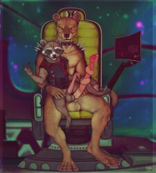 2025 5_fingers 5_toes amber_eyes anatomically_correct anatomically_correct_genitalia anatomically_correct_penis animal_genitalia animal_penis anthro armor artist_logo balls barefoot beckoning big_penis biped black_clothing black_topwear bodily_fluids body_armor bottomless bottomless_anthro bottomless_male bracelet brown_body brown_eyes brown_fur chair chest_armor claws clothed clothing collar control_panel cosmic_background dated digital_media_(artwork) duo ear_piercing electronics erection euplerid facial_markings feet fingers firefangdragon fluffy fluffy_tail fossa fossa_penis fur furniture genital_fluids genitals gesture guardians_of_the_galaxy head_markings hi_res inside inside_spaceship jewelry larger_anthro larger_male licking licking_lips logo long_penis looking_at_viewer male male/male male_anthro mammal markings marvel mask_(marking) monitor mostly_nude mostly_nude_anthro mostly_nude_male nipples on_chair on_lap pawpads paws penile_spines penis piercing precum procyonid raccoon raccoon_penis raccoon_tail radar rocket_raccoon science_fiction screen sheath short short_anthro short_male shoulder_pads sitting sitting_on_another sitting_on_chair sitting_on_lap size_difference smaller_anthro smaller_male smile space space_background spacecraft spiked_bracelet spiked_collar spiked_shoulder_pads spikes tail technology toe_claws toes tongue tongue_out topwear vehicle whiskers white_whiskers window