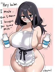 1girls apron apron_only big_breasts bighugelarge1 black_eyes black_hair bottle breasts english english_text female female_only game_freak hair hex_maniac hex_maniac_(z-a) hips holding_drink holding_object huge_breasts large_breasts long_hair milk_bottle motion_lines naked_apron pokemon pokemon_legends:_z-a smile solo solo_female text thighs white_apron wide_hips