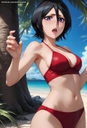 ai_generated bare_shoulders beach bikini black_hair bleach bleach:_the_thousand-year_blood_war blue_sky breasts cleavage cloud collarbone cowboy_shot dandanhub day female hair_between_eyes kuchiki_rukia looking_at_viewer medium_breasts navel ocean open_mouth outdoors palm_tree purple_eyes red_bikini sand short_hair sky solo stomach swimsuit tree