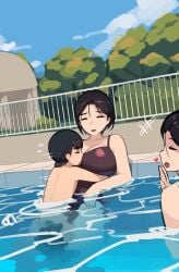 1boy 1girls casual implied_sex incest mother mother_and_son original pepper0 pool poolside son