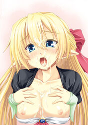 areolae blonde_hair blue_eyes breasts breasts_out cum cum_in_mouth cum_on_body cum_on_breasts cum_on_tongue cum_on_upper_body facial female gekato hair_ribbon half_updo nipples open_mouth original pointy_ears ribbon solo tongue upper_body