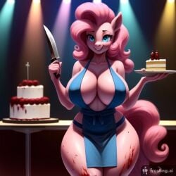 ai_generated apron big_breasts blood blue_apron blue_eyes cake club female friendship_is_magic frosting.ai furry half_naked knife my_little_pony nervous_smile pink_body pink_hair pinkie_pie_(mlp) pony stripper wide_hips