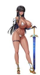 1girls armor armwear bare_shoulders big_breasts bikini bikini_top black_hair blue_eyes breasts curvy curvy_female dark-skinned_female dark_elf dark_skin derauea detached_collar elf elf_female elf_girl female female_only full_body game_cg huge_breasts large_breasts long_hair looking_at_viewer milk_factory motto!_haramase!_honoo_no_oppai_isekai_oppai_bunny_gakuen! official_art png raelda_le_failda shiny_breasts shiny_skin solo standing sword teenager thigh_strap thighs transparent_background younger_female