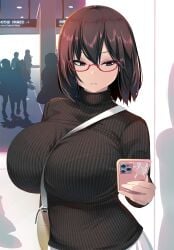 absurdres bag between_breasts black_hair black_sweater blue_eyes bra_visible_through_clothes bralines breasts cellphone female glasses hair_between_eyes hand_up hayakawa_mayumi highres holding holding_phone huge_breasts looking_at_phone medium_hair original phone red-framed_eyewear ribbed_sweater semi-rimless_eyewear shiki_(psychedelic_g2) shoulder_bag silhouette smartphone solo_focus strap_between_breasts sweater train_station turtleneck turtleneck_sweater under-rim_eyewear upper_body