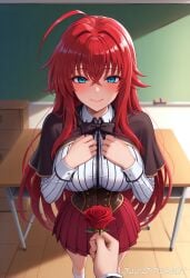 1boy ahoge ai_generated artist_name bangs black_bow black_bowtie black_capelet blue_eyes blush bow bowtie breasts brown_capelet capelet chair chalkboard classroom closed_mouth collared_shirt corset crossed_bangs desk female flower hair_between_eyes hair_intakes hands_on_own_chest high_school_dxd holding holding_flower huge_ahoge indoors juliatitusart kneehighs large_breasts long_hair long_sleeves looking_at_viewer miniskirt patreon_username pleated_skirt pov pov_hands red_flower red_hair red_rose red_skirt rias_gremory rose school_desk school_uniform shirt sidelocks skirt smile socks solo_focus standing striped very_long_hair white_shirt