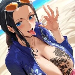 1girls ai_generated big_breasts black_hair blowjob_gesture blue_eyes breasts cropped_jacket himeno huge_breasts light-skinned_female light_skin nico_robin one_piece qos qos_tattoo queen_of_spades queen_of_spades_symbol queen_of_spades_tattoo saliva saliva_drip saliva_string snowbunny solo solo_female solo_focus sunglasses sunglasses_on_head sweat sweaty_breasts