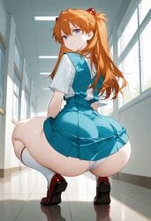 ai_generated ass ass_focus asuka_langley_sohryu bangs blue_eyes breasts brown_hair female large_ass long_hair looking_at_viewer looking_back medium_breasts neon_genesis_evangelion orange_hair sweat thighs toned_female