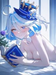 absurd_res ahoge ai_generated areola_slip bed bed_sheet blue_bow blue_eyes blue_flower blue_hair blue_headwear blue_rose blush book bow breast_press breasts cleavage closed_mouth colored_inner_hair completely_nude cowlick crown curtains drop-shaped_pupils female flower furina_(genshin_impact) genshin_impact hair_between_eyes hat hat_bow heterochromia holding holding_book indoors light_blue_hair long_hair looking_at_viewer lying medium_breasts medium_hair ministro mismatched_pupils multicolored_hair nipples nude on_bed on_stomach open_book plant purple_flower purple_rose reading rose short_hair sidelocks small_breasts smile solo streaked_hair swept_bangs tilted_headwear top_hat two-tone_hair upper_body wavy_hair white_hair window