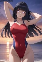 ai_generated armpits arms_behind_head arms_up ass_visible_through_thighs bangs beach black_hair blunt_bangs boruto:_naruto_next_generations boruto:_two_blue_vortex breasts collarbone competition_swimsuit covered_navel covered_nipples cowboy_shot dandanhub female highleg highleg_swimsuit horizon hyuuga_hinata large_breasts long_hair looking_at_viewer naruto naruto_(series) naruto_shippuden ocean one-piece_swimsuit open_mouth outdoors patreon_username purple_eyes red_one-piece_swimsuit sky solo sunset swimsuit teeth water white_eyes