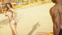 1boy 1girls asian asian_female ass ass_focus beach beckoning bikini black_hair brown_eyes cleavage headband heels japanese_female jun_kazama kazama_jun large_breasts looking_at_another milf mother sand surprised tan_body tanline tekken tekken_8 thick_thighs underboob