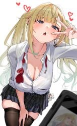 1girls :o absurdres aizawa_ema arurire barbell_piercing bent_over black_skirt blonde_hair blue_eyes blue_hair blunt_bangs bow bowtie bra bra_visible_through_clothes breasts brown_thighhighs cat_earrings cellphone character_doll cleavage earrings gradient_hair gyaru hair_flaps hand_on_own_thigh heart highres jewelry lace-trimmed_bra lace_trim large_breasts lipgloss long_hair looking_at_viewer miniskirt multicolored_hair nekota_tsuna open_clothes open_shirt orange_nails phone piercing pleated_skirt red_bow red_bowtie red_bra simple_background skindentation skirt smartphone solo spiked_ear_piercing sweat taking_picture thighhighs twintails underwear v very_long_hair virtual_youtuber vspo! white_background