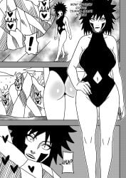 1boy 2girls being_watched big_breasts black_and_white breasts caught caught_in_the_act comic dialogue english_text faceless_female faceless_male hiding hourglass_figure implied_sex inuzuka_tsume long_hair makeup mature mature_female milf mitarashi_anko multiple_girls naruto naruto:_the_last naruto_(series) naruto_shippuden ninrubio one-piece_swimsuit outdoors solo solo_focus story swimsuit unseen_character uzumaki_naruto voluptuous voyeur voyeurism walking watching wide_hips