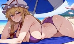 1girls ai_generated beach beach_towel beach_umbrella big_ass big_breasts bikini blonde_hair breasts female female_focus female_only hair_ribbon hand_on_head hand_on_towel mature_female milf mob_cap pixai purple_bikini purple_eyes ratatatat74_(ai_style) ribbon_choker seductive seductive_eyes seductive_look seductive_smile smile smiling smiling_at_viewer solo solo_female solo_focus sweat sweatdrop sweating tagme thick_ass thick_thighs touhou yukari_yakumo