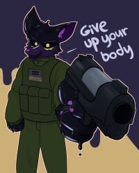 absurd_res alan_lishak anthro black_body bottomwear canid canine claws clothing corruption eyebrows fox fox_allis goo_creature green_bottomwear green_clothing green_jacket green_pants green_topwear gun hi_res jacket latex liquid_latex male mammal military_jacket military_uniform pants pointing_gun_at_viewer purple_body purple_claws purple_eyebrows purple_nose ranged_weapon smile smiling_at_viewer solo talking_to_viewer text text_on_clothing topwear uniform weapon yellow_eyes