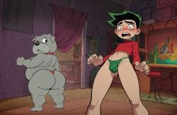 american_dragon:_jake_long ass bulge detailed_bulge dog embarrassed fu_dog_(character) green_hair_streak green_underwear jake_long thong underwear underwear_only undieboi22