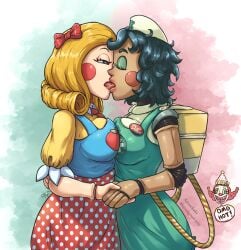2girls animatronic animatronic_female artist_name big_breasts blonde_hair blue_overalls bow bow_on_head breast_press breast_squish breasts doll doll_girl doll_joints dollie female five_nights_at_freddy's five_nights_at_freddy's:_secret_of_the_mimic fnaf french_kiss holding_hands jackie_(fnaf) kissing living_doll mignonette miss_delight not_human nurse nurse_dollie_(fnaf) poppy_playtime red_bow red_cheeks robot_joints school_teacher side_view tagme teacher teacher_outfit yellow_shirt yuri