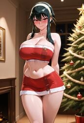 1girls ai_generated big_breasts black_hair breasts christmas christmas_clothing christmas_outfit cleavage collarbone earrings female hairband large_breasts light-skinned_female light_skin long_hair nanami_(artist) red_eyes red_outfit red_skirt santa_costume solo spy_x_family very_long_hair yor_forger