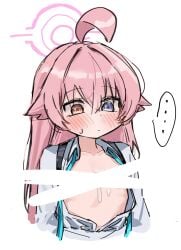 ... ahoge bar_censor blue_archive blue_eyes blush breasts censored closed_mouth collared_shirt commentary_request cum cum_on_body cum_on_breasts dot_mouth female flat_chest hair_between_eyes hair_flaps halo heterochromia highres hoshino_(blue_archive) long_hair open_clothes open_shirt pink_hair pink_halo shirt simple_background solo spoken_ellipsis sweatdrop upper_body white_background white_shirt yellow_eyes ymm_(nxvd3735)