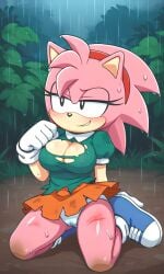 5_fingers after_battle after_fight ai_generated amy_rose anthropomorphic big_breasts black_eyes blue_shoes blush breasts_exposed classic_amy_rose collared_shirt curvy dirty female female forest green_shirt hairband hedgehog hedgehog_girl kneeling orange_skirt outdoors panties pink_fur pixai proud raining red_hairband scratches shirt shoes skirt smug socks solo sonic_(series) sonic_the_hedgehog_(series) stains thick_thighs torn_clothes torn_clothing white_panties white_socks