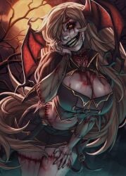 bangs bat_wings belly_button black_fingernails black_nails black_sclera blonde_hair blood blood_drip blood_on_breasts blood_on_face breasts cleavage grey_skin grey_skin grin hair hair_over_one_eye hourglass_figure large_breasts long_hair midriff navel nightmare_waifu orange_eyes piratecashoo scary scary_face shorts smile stitches teeth thick_thighs thighs wings