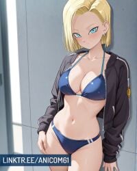 2025 ai_generated android18dx android_18 anicom61 bikini_under_clothes blonde_female blonde_hair blonde_hair_female blue_eyes crunchyroll dragon_ball dragon_ball_super dragon_ball_z earrings instagram jacket jacket_open looking_at_viewer meta toei_animation