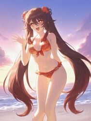 :d absurd_res ai_generated alternate_costume arm_behind_back bare_arms bare_legs bare_shoulders beach bikini blush breasts brown_hair cleavage cloud collarbone evening feet_out_of_frame female floral_print flower flower-shaped_pupils frilled_bikini frills front-tie_bikini_top front-tie_top genshin_impact gradient_hair gradient_sky hair_between_eyes hair_flaps hair_flower hair_ornament halterneck hand_up horizon hu_tao_(genshin_impact) leaning_forward long_hair looking_at_viewer medium_breasts ministro navel ocean open_mouth orange_bikini orange_sky outdoors plum_blossoms print_bikini red_bikini red_eyes red_flower ribbon sand shore sidelocks sky smile solo standing star_(symbol) stomach string_bikini sunset swimsuit symbol-shaped_pupils tassel tassel_hair_ornament teeth thighs twilight twintails upper_teeth_only very_long_hair water waving