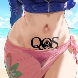 1girls ai_generated belly_button close-up cropped_jacket himeno light-skinned_female light_skin nico_robin one_piece panties qos qos_tattoo queen_of_spades queen_of_spades_symbol queen_of_spades_tattoo skirt snowbunny solo solo_female solo_focus