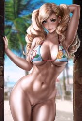 absurdres ann_takamaki arm_behind_head ass bare_arms bare_shoulders belly bikini bikini_top_only blonde_hair blue_eyes bottomless braid breasts dandon_fuga female floral_print floral_print_bikini highres huge_ass large_breasts long_hair looking_at_viewer narrow_waist navel navel_piercing non-web_source paid_reward persona persona_5 piercing pussy seductive_smile smile smirk solo source_request swimsuit thick_thighs thighs twin_braids twintails wide_hips