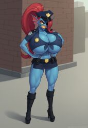 1girls abs ai_generated ambrose anthro belt bimbo blue_scales claws cleavage deltarune eyepatch female fish_girl hands_on_hips hat high_heel_boots huge_breasts long_hair microskirt outdoors police_officer police_uniform ponytail red_eyeshadow red_hair red_nails scalie self_upload sharp_teeth smile stable_diffusion thick_lips tied_shirt toned_female underboob undyne yellow_eyes