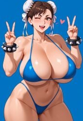 1girls ai_generated big_breasts bikini blue_background blue_bikini breasts brown_eyes brown_hair chun-li civitai double_bun gigantic_breasts happy huge_breasts milf minimalist_background solo spiked_bracelet street_fighter thick_thighs unclego v_sign wide_hips wink