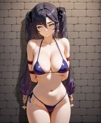 ai_generated arms_behind_back bikini bondage bricks female genshin_impact grey_eyes long_hair mona_(genshin_impact) rope rope_bondage slim_girl twintails