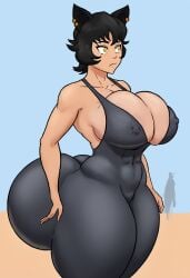 ai_generated beach big_ass big_breasts black_hair bubble_butt cat_ears catgirl cleavage hyper hyper_ass kali_belladonna massive_ass milf nipples_bulge one-piece_swimsuit rwby shiin_(ai_generated) yellow_eyes