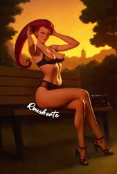 ai_generated arms_behind_back commission crossed_legs exposed_breasts feet female fixing_hair high_heels jessie_(pokemon) lingerie long_hair long_legs navel park_bench pinup pinup_pose pinupgirl pokemon purple_hair rousherte solo solo_female solo_focus sunset thin_waist