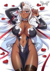 1girls 2025 bangs big_breasts blue_eyes blunt_bangs blush dark-skinned_female dark_elf dark_skin eleonor_(taimanin_rpgx) elf elf_ears elf_female female female_only hi_res long_hair looking_at_viewer lying lying_on_back maid maid_headdress maid_uniform remchi301 solo stockings taimanin_(series) taimanin_rpgx white_hair