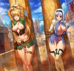 2girls arms_above_head arms_behind_back arms_up belt blanc_neige blonde_hair blue_eyes bondage boots breasts brown_eyes chained chains choker clothing corset dress elf elwing female hairband large_breasts long_hair medium_breasts multiple_girls multiple_subs navel nipples no_panties outdoor panties prisoner pussy restrained sefuart shining_(series) shining_tear short_hair skirt standing sweat tears thigh_boots thigh_gap thigh_strap torn_clothes white_hair