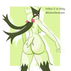 absurd_res anthro ass big_butt female generation_9_pokemon genitals green_body hi_res looking_back meowscarada nintendo nude pokemon pokemon_(species) pussy red_eyes salem_revenant solo superabsurd_res thick_thighs