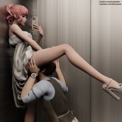 1boy 1boy1girl 1girls 3d 3d_(artwork) 3d_model 3d_render anonymous_male asian asian_female cunnilingus d.va dress eating_pussy elevator face_markings formal formal_wear grabbing_head hana_song high_heels holding_hair holding_head kneeling korean_female onlyfans overwatch overwatch_2 pink_hair prom_dress selfie selfie_pose thehounde twitter_link twitter_username under_skirt watching white_dress white_highlights