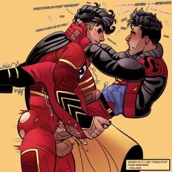 anal anal_sex balls conner_kent dc dc_comics five_o'clock_shadow foreskin kon-el kon_el kong_kenan male male/male male_only male_penetrating_male outfit_swap penis precum precum_string pullaskiart ripped_pants super-man superboy superboy_(conner_kent) tan_line text tight_clothing uncircumcised uncut uncut_penis