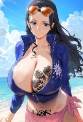 1girls ai_generated black_hair blue_eyes himeno huge_breasts light-skinned_female light_skin nico_robin one_piece pawg qos qos_tattoo queen_of_spades queen_of_spades_symbol queen_of_spades_tattoo smiling smiling_at_viewer solo solo_female solo_focus