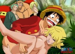 1girls accurate_art_style big_breasts clothing female franky grabbing grabbing_legs male marguerite missionary missionary_position monkey_d_luffy multiple_boys official_art one_piece one_piece_pixxx roronoa_zoro sex short_hair smile thick_thighs vinsmoke_sanji