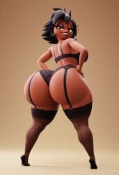 ai_generated helluva_boss high_heels horns huge_ass huge_breasts imp lingerie lipstick looking_at_viewer looking_back maykerslayer770 millie_(helluva_boss) shortstack