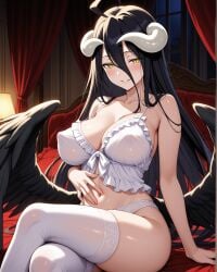 1girls ahoge ai_generated albedo_(overlord) bare_shoulders bed bedroom black_hair black_wings blush blush breasts cleavage collarbone covered_nipples crossed_legs demon_girl female frills golden_eyes hair_between_eyes hand_on_stomach horns indoors large_breasts lingerie long_hair looking_at_viewer low_wings navel night notreallyhere overlord_(maruyama) parted_lips perky_breasts sitting slit_pupils smile solo succubus succubus_horns thighhighs underwear white_thighhighs wings