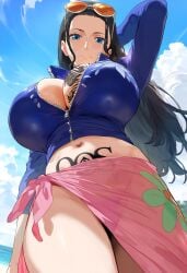 1girls ai_generated big_breasts black_hair blue_eyes breasts cropped_jacket himeno huge_breasts light-skinned_female looking_down nico_robin one_piece pawg qos qos_tattoo queen_of_spades queen_of_spades_symbol queen_of_spades_tattoo skirt snowbunny solo solo_female solo_focus sunglasses sunglasses_on_head