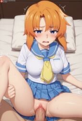 1boy 1girls ai_generated airiakane balls bare_thighs big_balls big_penis blue_eyes blush gigantic_breasts higurashi_no_naku_koro_ni huge_balls huge_breasts huge_cock huge_thighs light-skinned_female light-skinned_male light_skin massive_breasts nai_diffusion nude nude_male orange_hair orgasm_face penis ryuuguu_rena sailor_uniform school_uniform schoolgirl sex short_hair squatting sweat sweatdrop thick_body thick_female thick_thighs thighhighs thighs vaginal_penetration veiny_penis voluptuous voluptuous_female