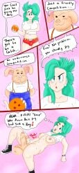 1boy 1futa areolae balls big_penis blue_hair bottomless breasts bulma_briefs bulma_briefs_(post_saiyan_saga) clothed clothing dialogue dragon_ball dragon_ball_z english_text erection frottage fully_clothed futa_focus futa_is_smaller futa_on_male futanari huge_breasts huge_cock human light-skinned_futanari light_skin male mostly_nude nipples oolong penis simpbot2k size_difference text thick_thighs