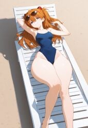 ai_generated ass ass_focus asuka_langley_sohryu bangs blue_eyes breasts brown_hair female large_ass long_hair looking_at_viewer medium_breasts neon_genesis_evangelion orange_hair sweat thighs toned_female