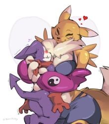 >_< bare_shoulders between_breasts blush breasts closed_eyes female head_between_breasts heart hug large_breasts purple_hair smile striped tail trembling white_background