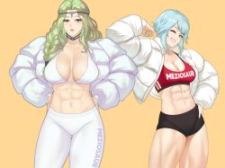 2girls abs alternate_costume arm_up artist_name black_shorts blue_hair braid braided_ponytail breasts cleavage clenched_hand clothes_writing cowboy_shot crop_top dagr_(fire_emblem) female female_only fire_emblem fire_emblem_heroes green_eyes green_hair grin hair_over_shoulder jacket large_breasts long_hair long_sleeves looking_at_viewer medium_breasts meziosaur midriff multiple_girls navel nintendo nott_(fire_emblem) one_eye_closed open_clothes open_jacket pants short_hair short_shorts shorts simple_background smile sports_bra standing stomach thighs white_jacket white_pants yellow_eyes yoga_pants