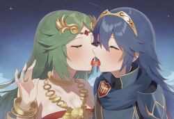 2girls ai_generated armband blue_clothing blue_hair blush breasts closed_eyes clouds couple crossover crown female female_only fire_emblem fire_emblem_awakening forehead_jewel french_kiss green_hair hand_up jewelry kid_icarus kissing long_hair lucina_(fire_emblem) multiple_girls neck_ring necklace night nintendo open_mouth palutena pendant ring saliva starry_sky tiara tongue tongue_kiss tongue_out yuri